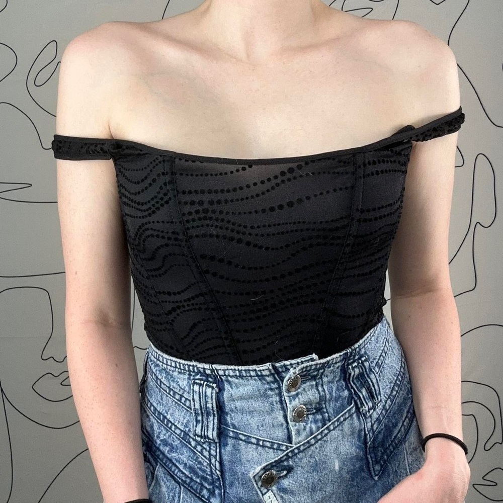 Vintage 90s Vogue Mesh Velvet Dot Burnout Corset Tank Top